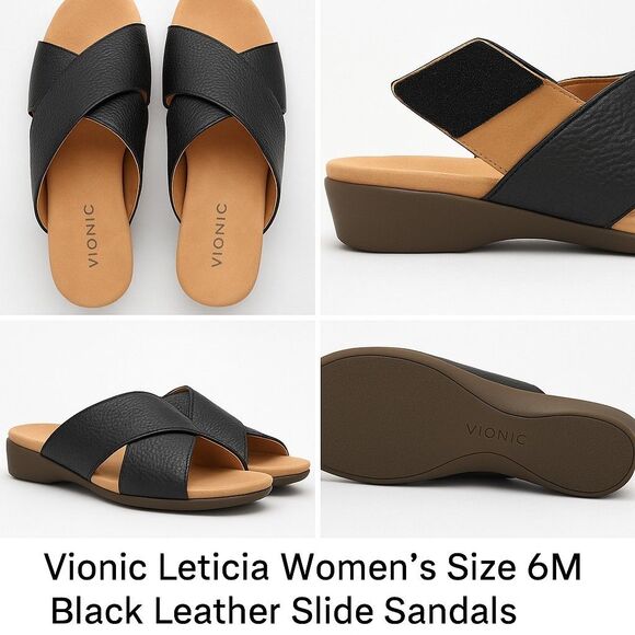 Vionic Leticia Women’s Size 6M Black Leather Slide Sandals Comfort Orthotic NWOT - Picture 1 of 5